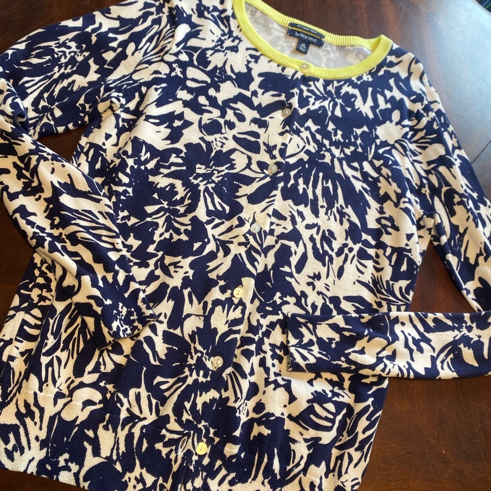 Lands' End Navy and Cream Floral Cardigan with Lime Trim